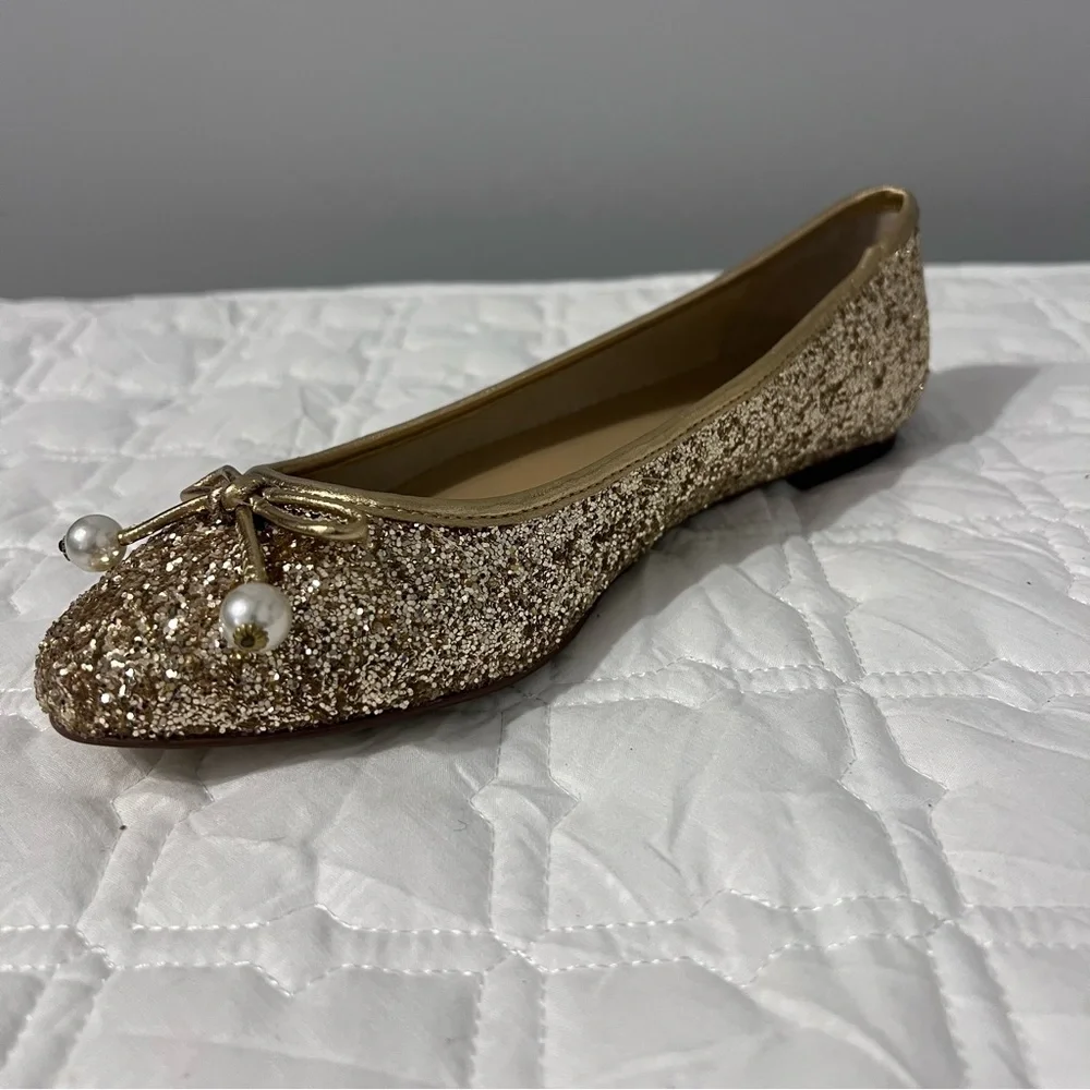 Kate Spade Ellio Ballet Flats Gold Beaded Bow Slip On Shoes 8.5